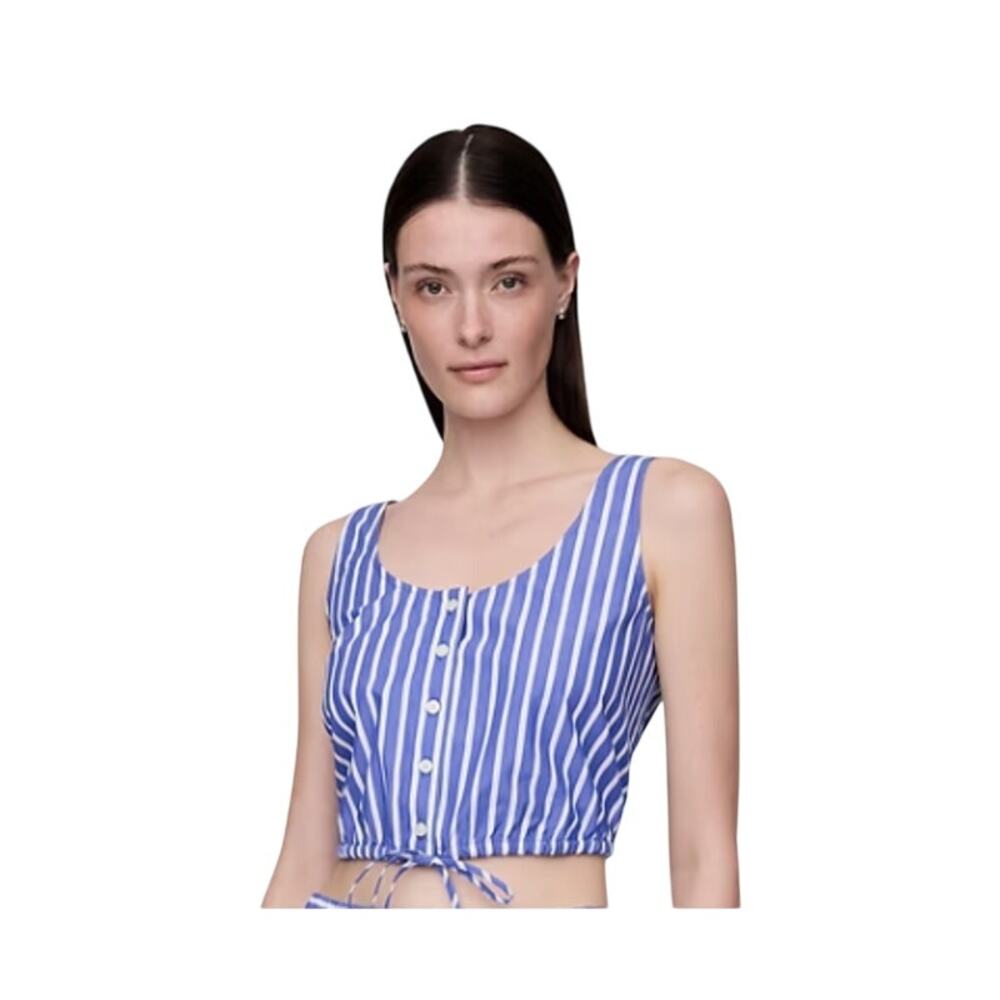 GAP Cinched Hem Crop Top Blue White Stripe Button Front Medium NWT